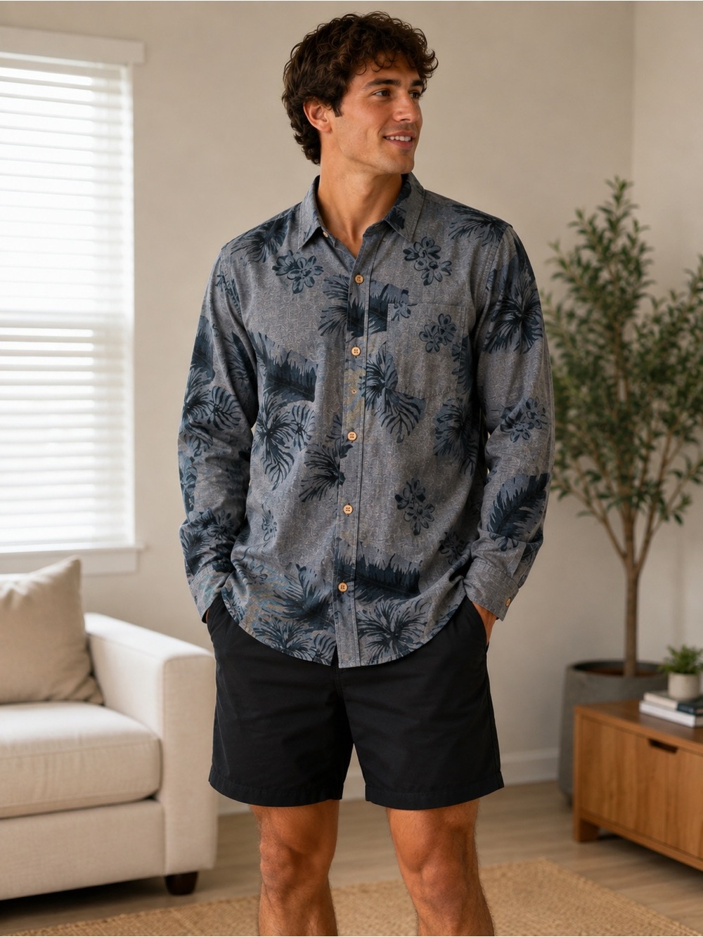 Blue Tropical-Print Long Sleeve Button-Down Shirt